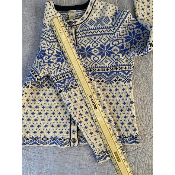 L.L.Bean Sz MP Nordic Fair Isle Sweater Cardigan Blue Ivory Women's Metal Button - Picture 10 of 10